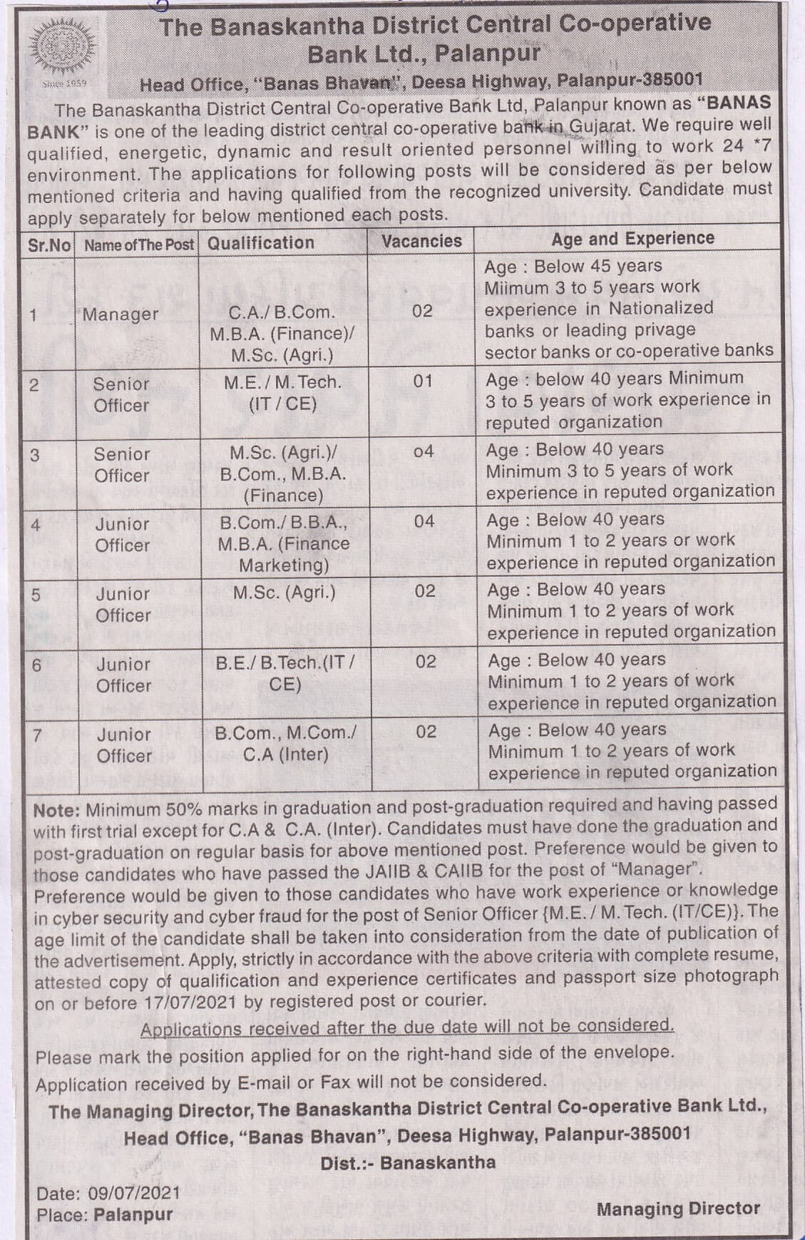 Important Notification regarding the Recruitment of Managers, Senior Officers & Junior Officers. 